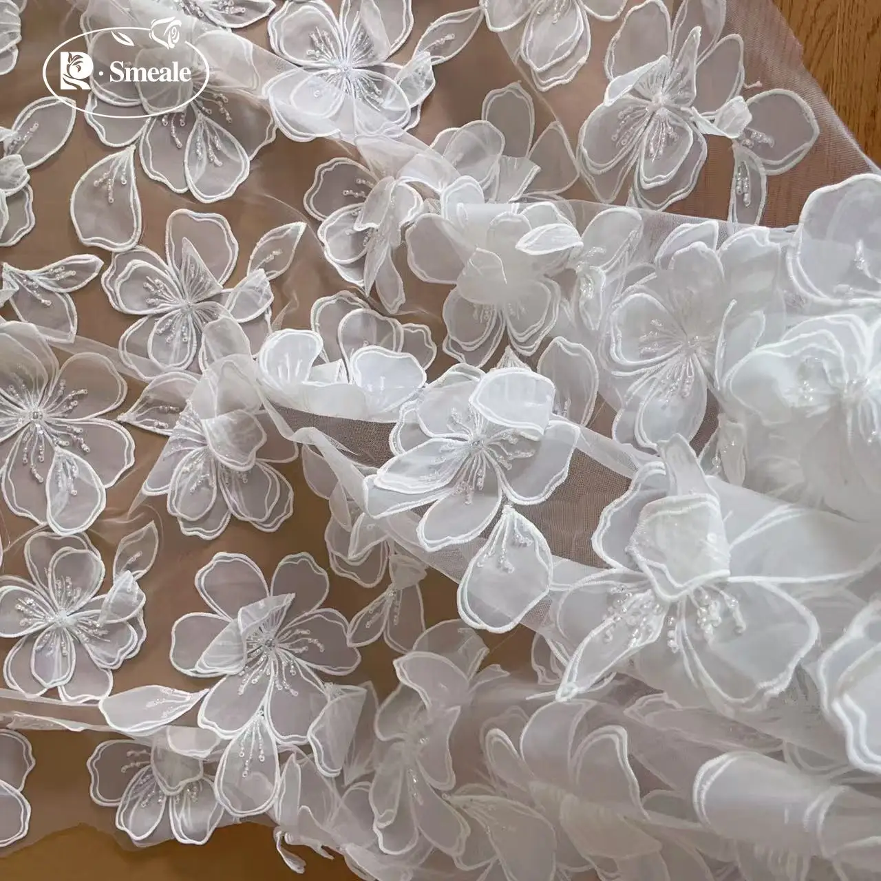 NEU Große Blumen Perlen Pailletten Hochzeitskleid Spitzenstoff.3D bestickte Applikation Schöner Brautstoff – Detail 2