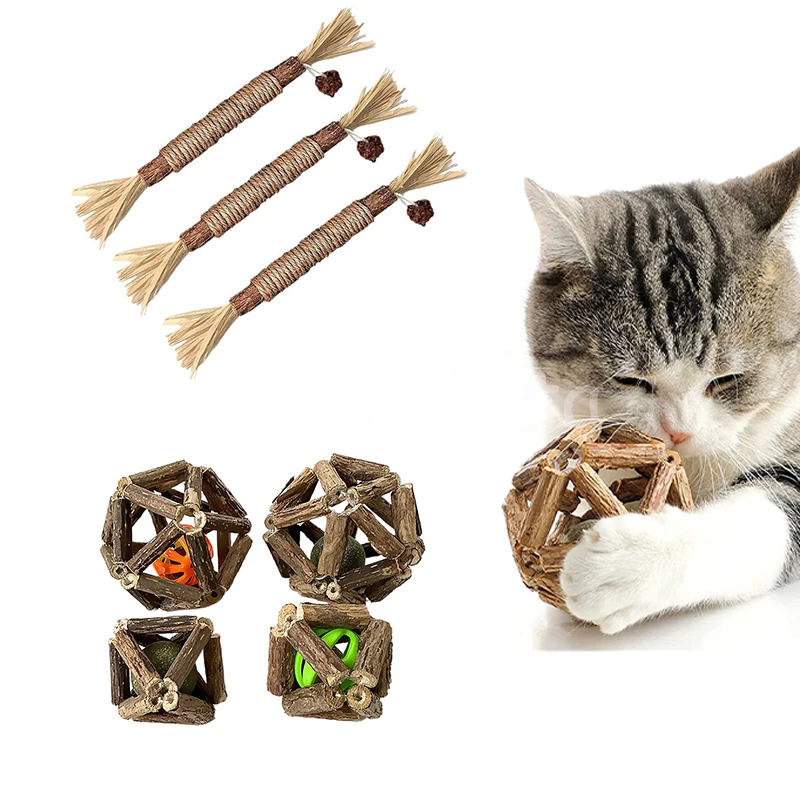 7pcs Natural Silvervine Matatabi Cat Toy Set Lattice Bell Ball Tassel Molar Stick Catnip Toy for Kitten Teeth Care Indoor Play