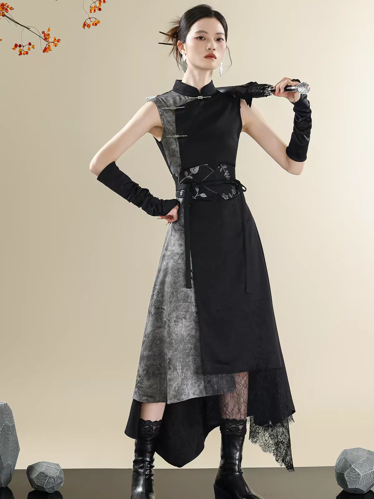 New Chinese Style Dark Grey Wasteland Front Fork Cheongsam Skirt Hottie Serpentine Dress Fiesta Carnival Halloween Cos Cosplay view 6