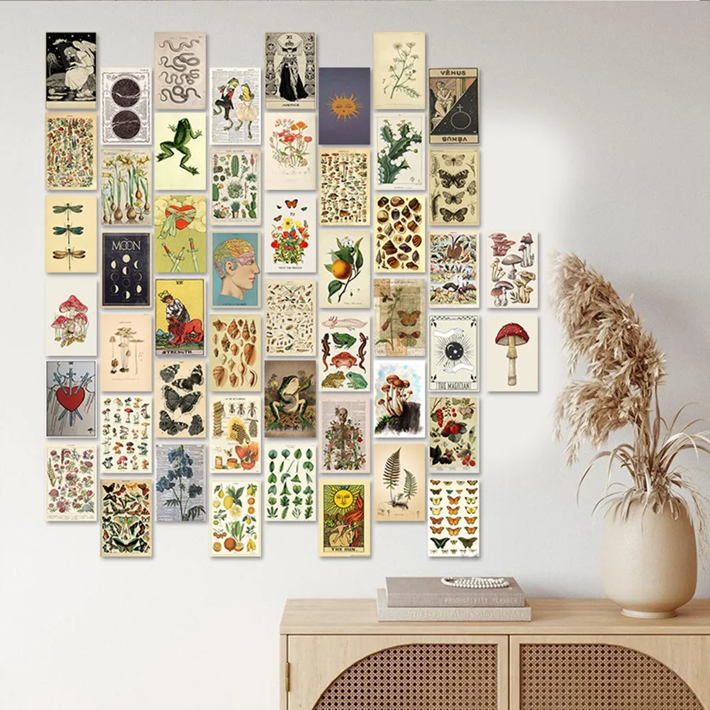 ABGH-50Pcs Vintage Botanical Tarot Aesthetic Wall Collage Kit Flora & Fauna Insects Illustration Art Posters Card Room Decor