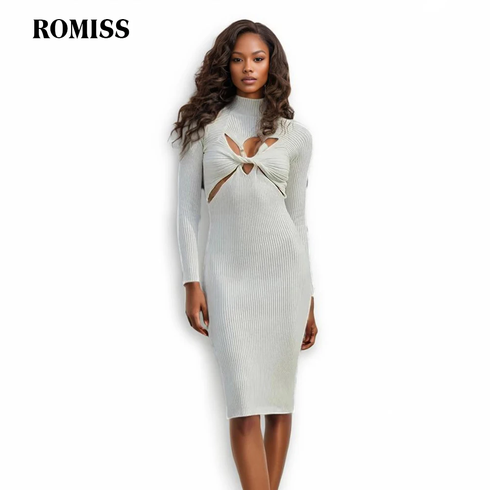 ROMISS Hollow Out Knitted Dresses For Women Stand Collar Long Sleeve High Waist Slimming Solid Folds Autumn Midi Dress Female