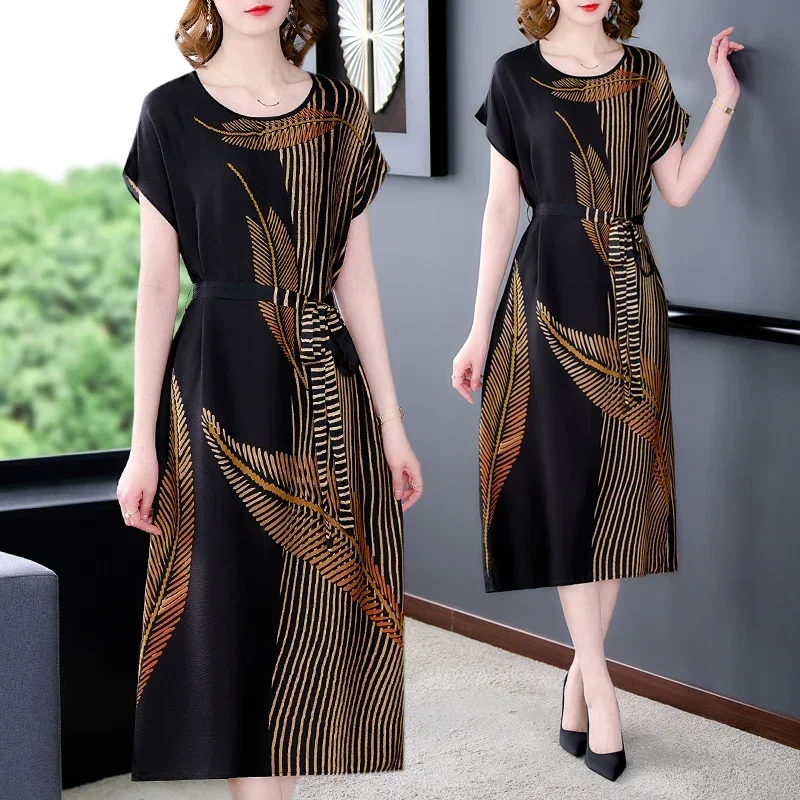 

2024 Black Patchwork Print Natural Silk Midi Dress Women Korean Vintage Causal Dress Summer Elegant Bodycon Office Lady Dresses