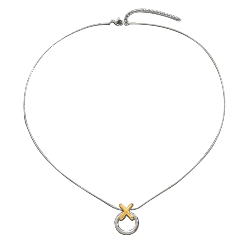 

652F Modern Silver Two Tone Neck Jewelry Featuring Interlocked Circle Crosses Charm On Flexible Snake Chain Necklace