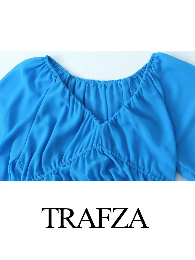 TRAFZA 2023 New Fashion Elegant Women Dress V Neck Long Lantern Sleeve Ruffled Waist Chiffon Resort Style Solid Casual Dresses