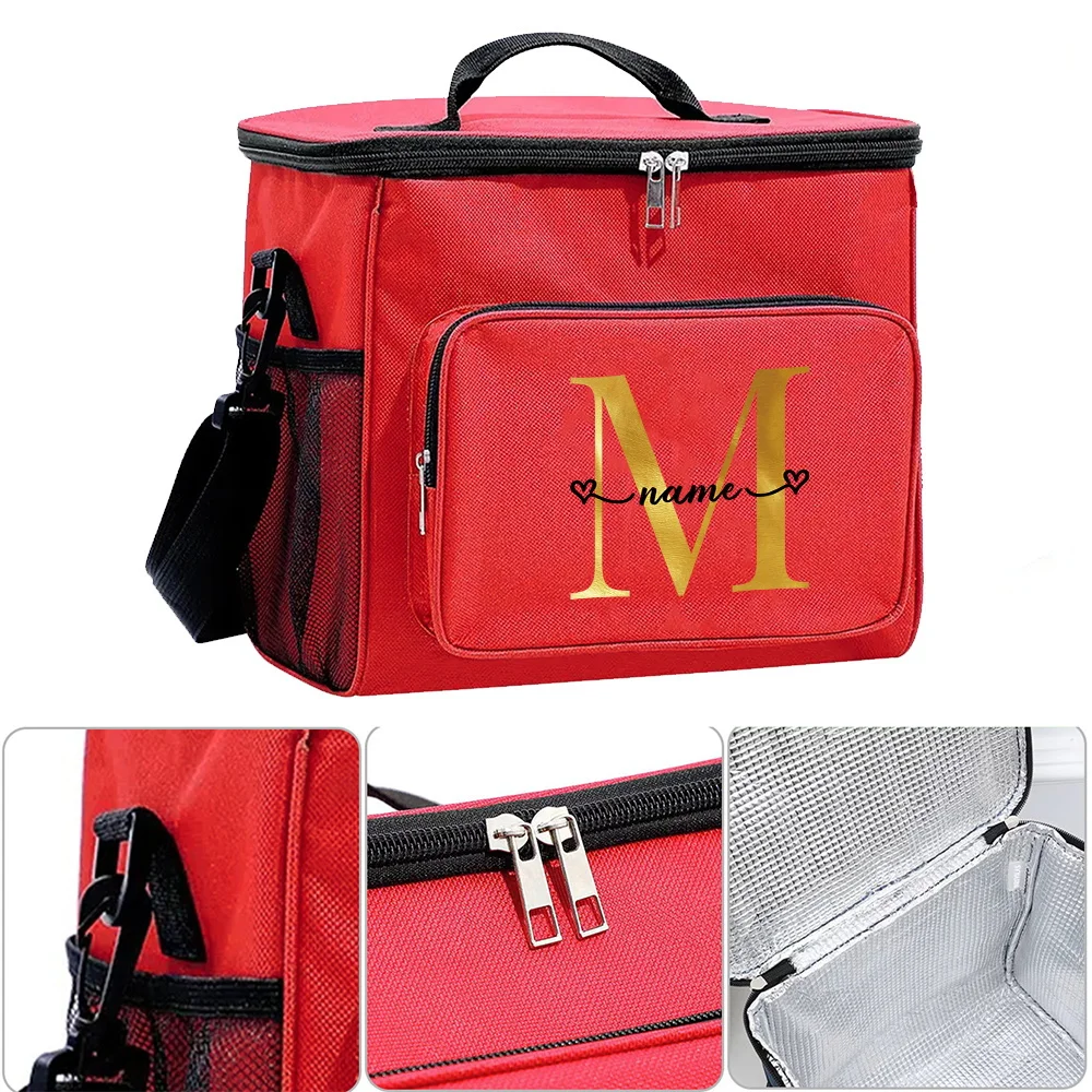 Customizable Name Red Lunch Bag Insulated Handbag Multi Functional Picnic Lunch Box Waterproof Lunch Box Gold Letter Series