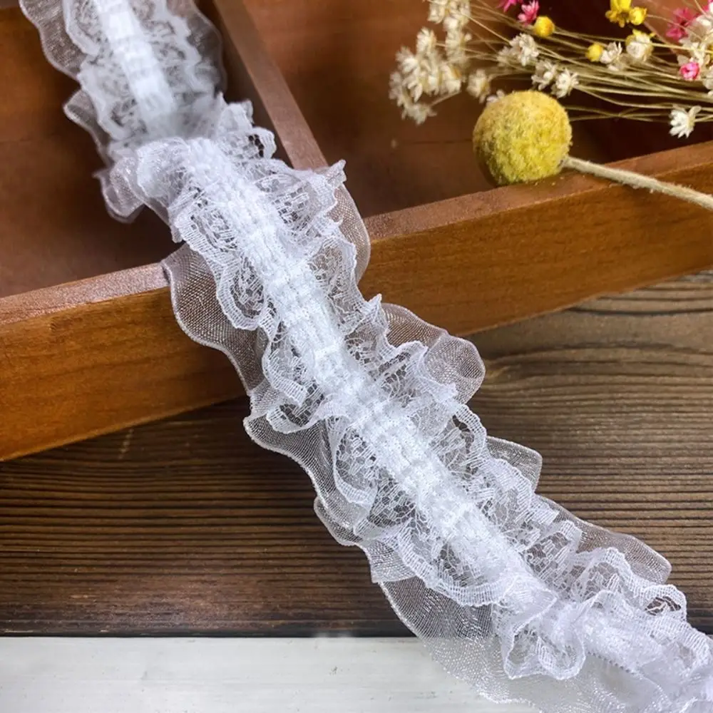 4cm Wide Pleated Lace Trim Double Layers White Black Embroidery Lace Fabric Elastic 1 Yards Sewing Lace Trim For DIY Crafts