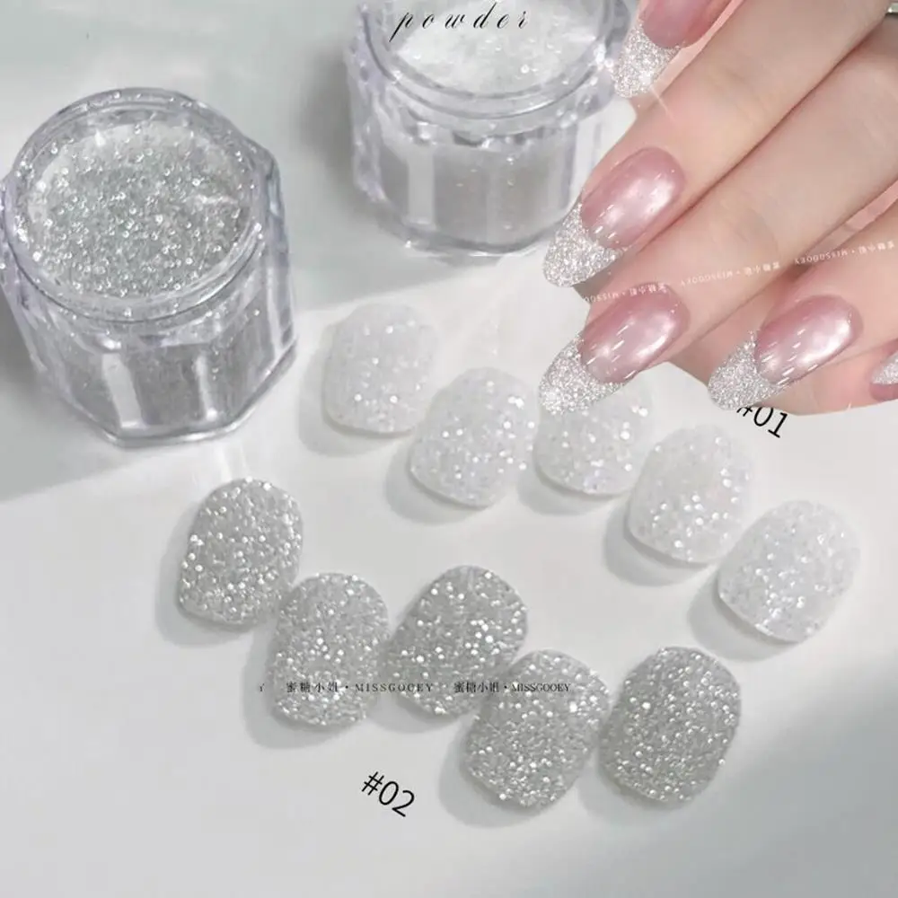 1Jar Sparkly White Sugar Nail Glitter Powder Winter Silver Reflective Diamond Candy Rubbing Pigment Dust DIY Manicure Art Decor