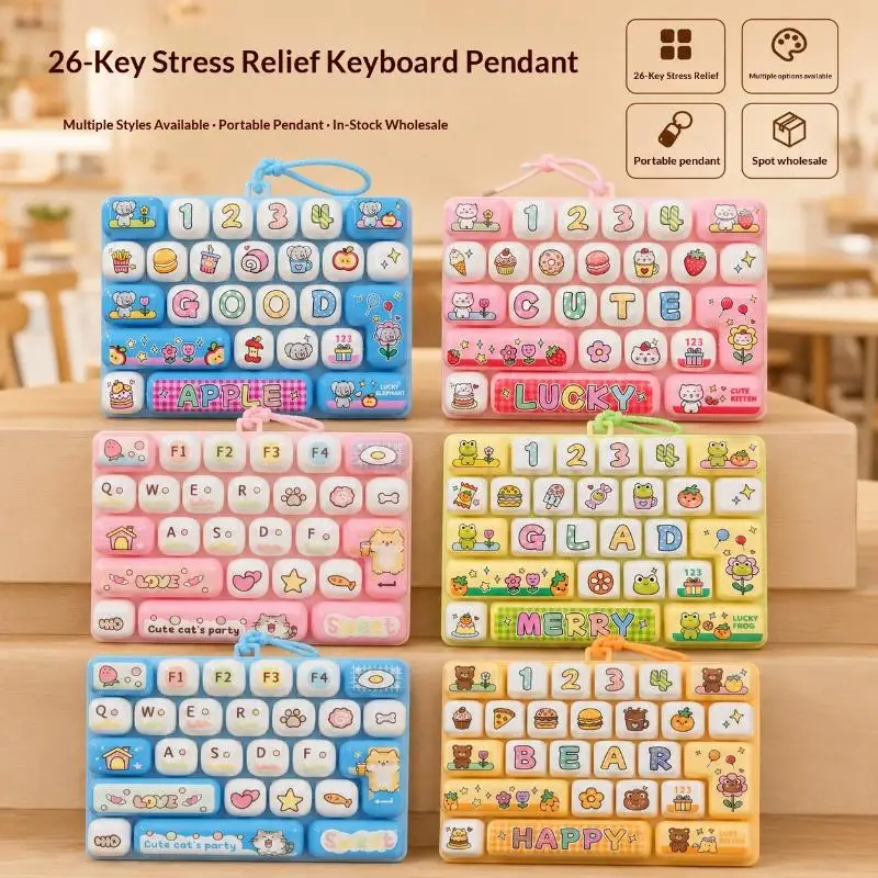 Fidget Keyboard Keychain Clicker Anti Stress Mini Portable 26 Grid Keycap Sensory Toy for Home Office Travel Party Favors