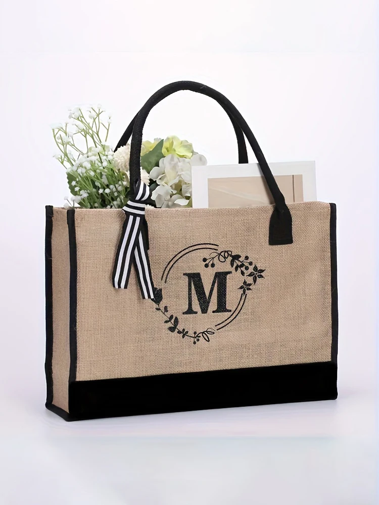 

Men's large-capacity tote bag, letter-style jute shopping bag, travel storage bag