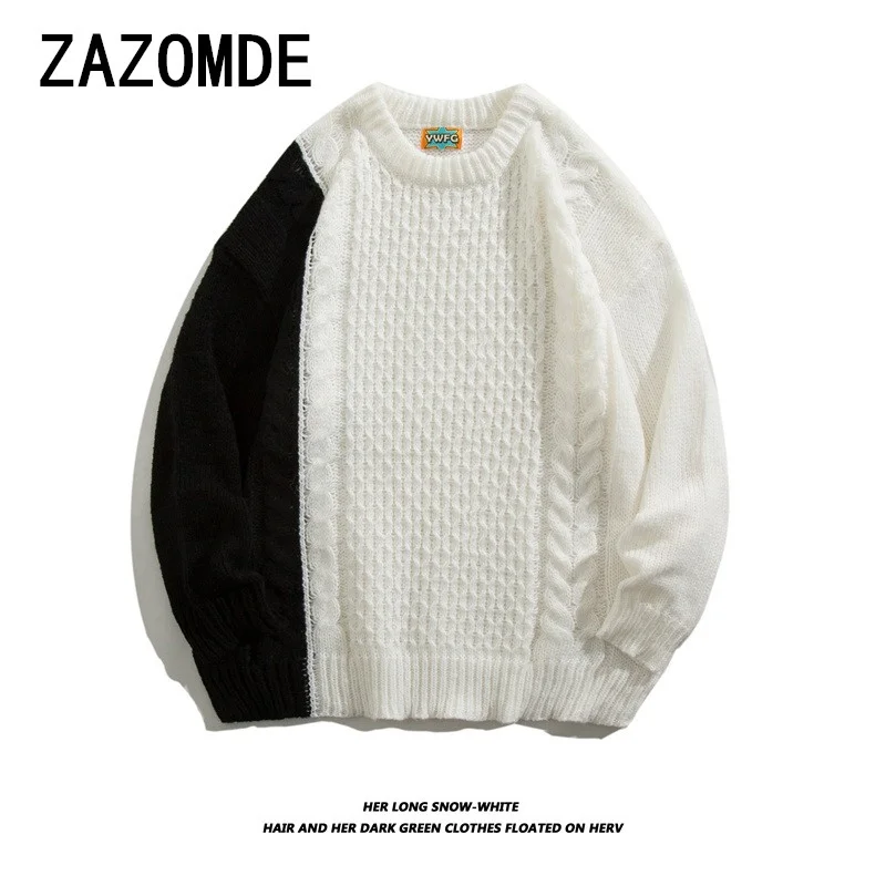 ZAZOMDE Vintage บล็อกสีรอบคอเสื้อกันหนาวสําหรับบุรุษและสตรี Casual Streetwear หลวม Fit เสื้อถักอินเทรนด์เสื้อคู่