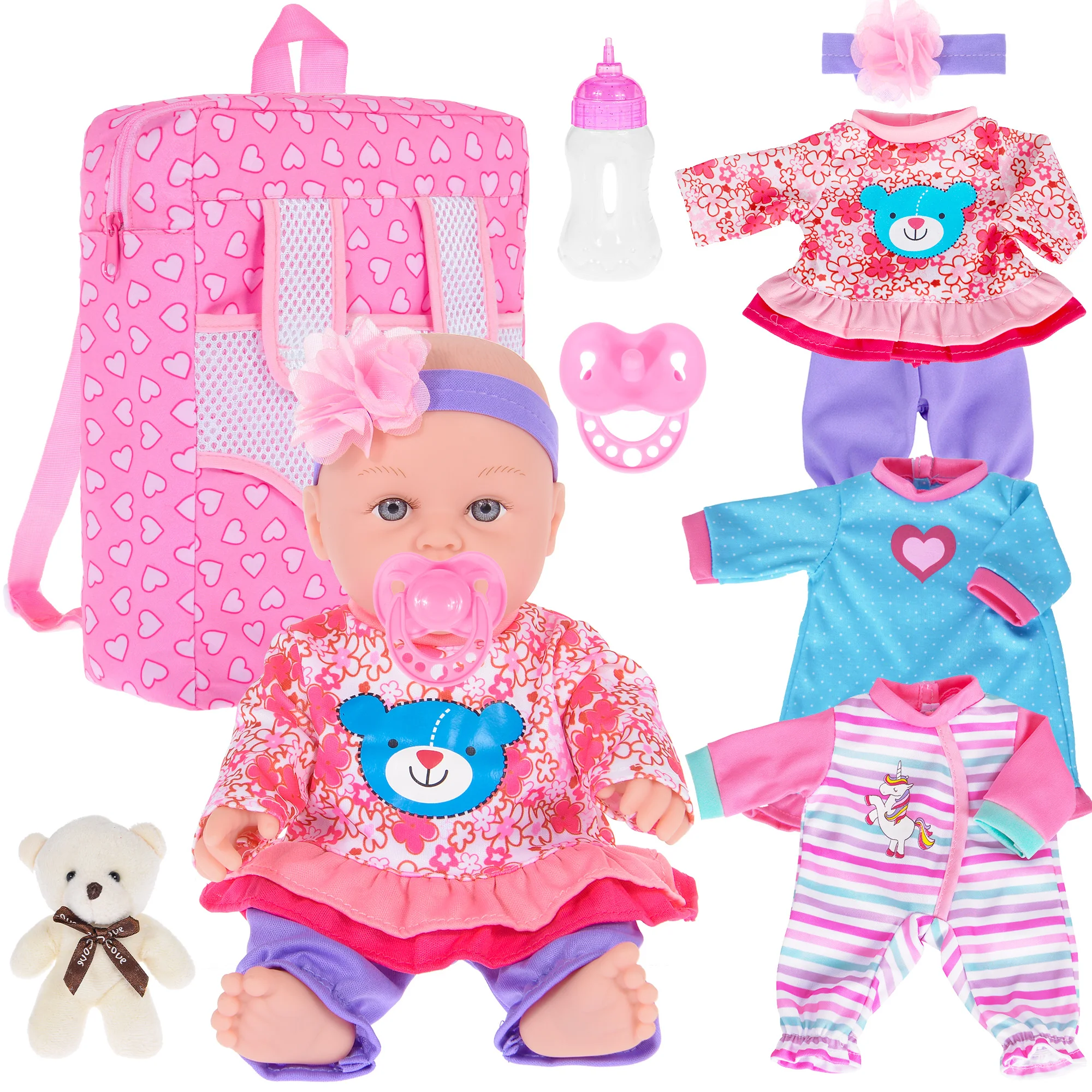 

30cm / 12 inch Baby Doll with 3 Set Clothes Backpack and Accessories include Nipple, Feeding Bottle, A Bear Toy for 3+ Kids