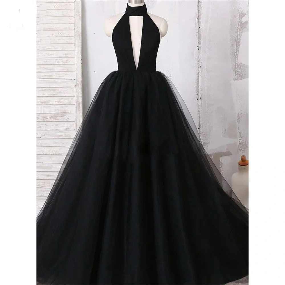 Vestidos de graduación negros para mujer, vestido de noche Sexy profundo sin mangas, línea A, tul, hasta el suelo, tren de barrido, vestidos de novia especiales