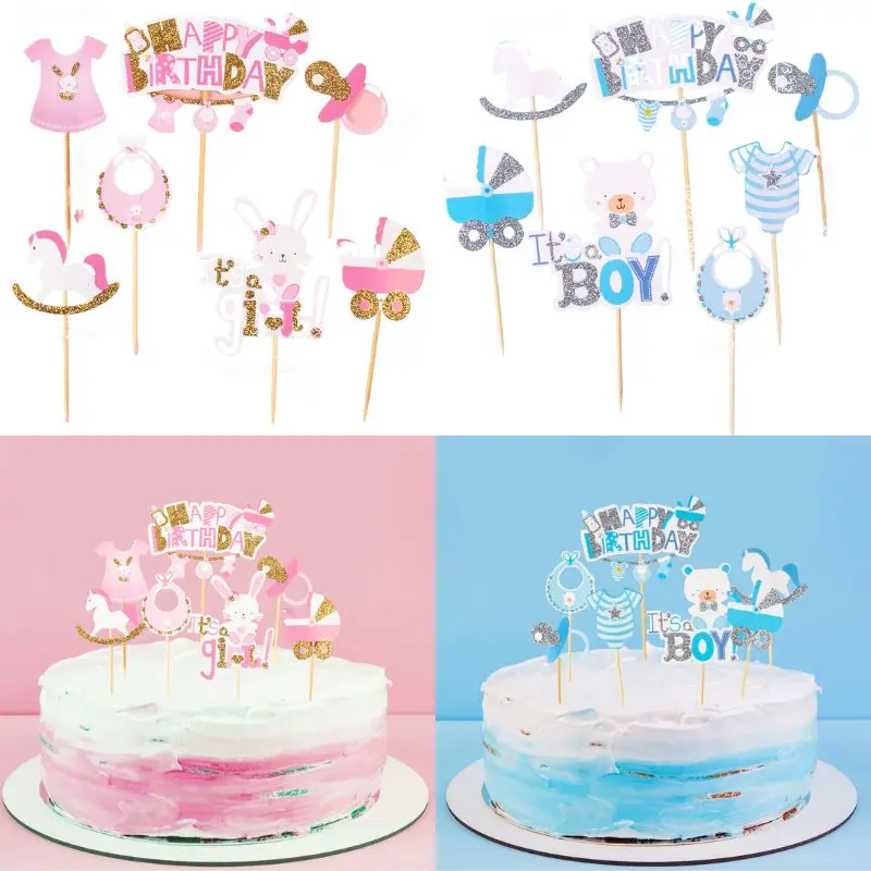 7pcs Gender Reveal Party Cake Toppers Blue Pink It's a Boy Or It's a Girl Cupcake decor Baby shower kids Birthday Party Supplies