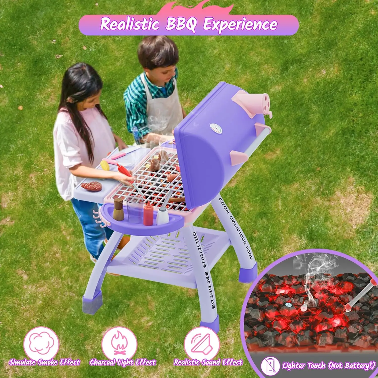 New Upgraded Kids BBQ Grill Playset with Smoke, Sound&Light, Toy Grill for Girls, Pretend Food Hamburger, Kitchen Barbecue Toy G