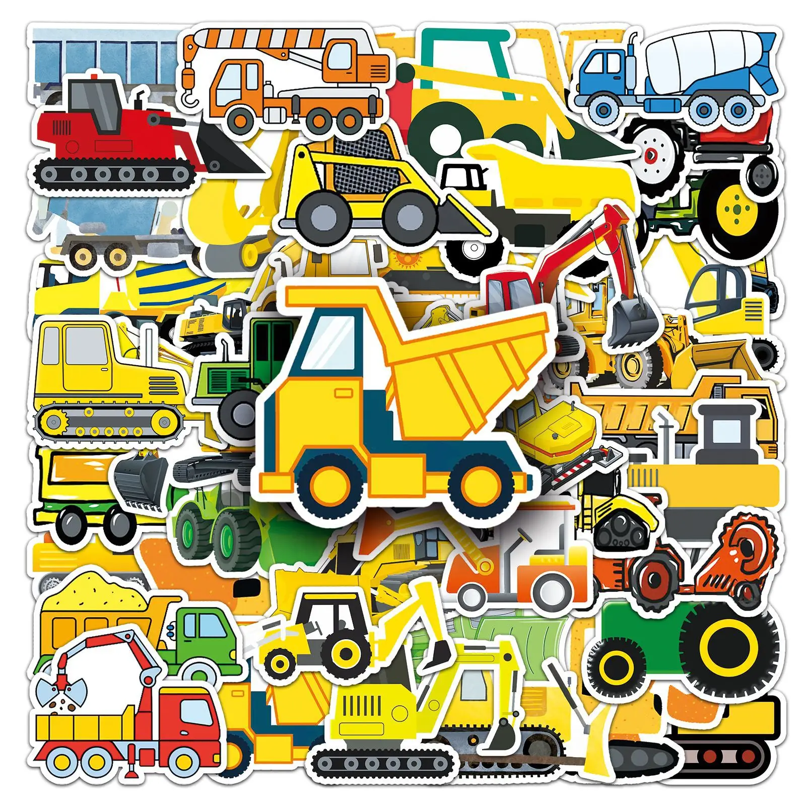 50pcsCartoon Construction Truck Stickers, Graffiti Stickers for Laptop, Scrapbook, Skateboard, Suitcase, Guitar DIY Decoration