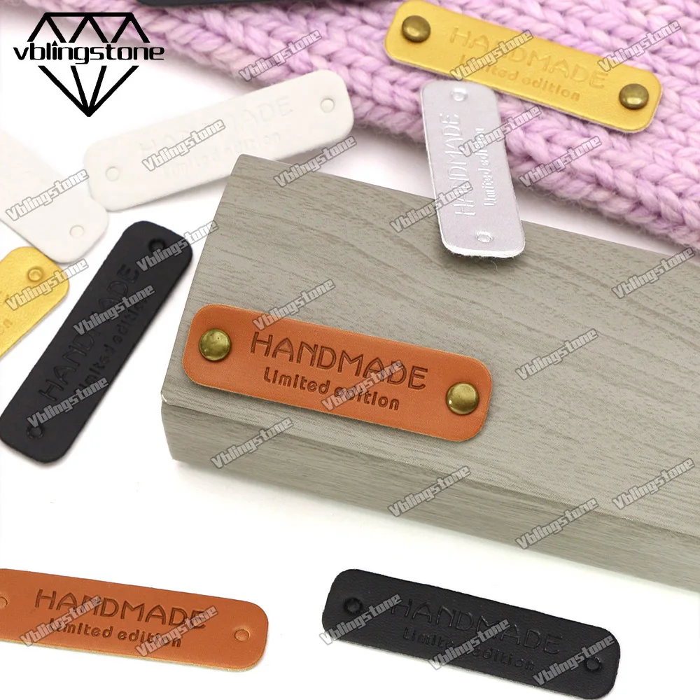 50 Stück handgefertigte PU-Leder-Etiketten in limitierter Auflage, handgefertigte Etiketten für Kleidung, Nähen, Etiketten, DIY-Geschenk, Metall-Doppelkappe, runde Niete – Detail 6