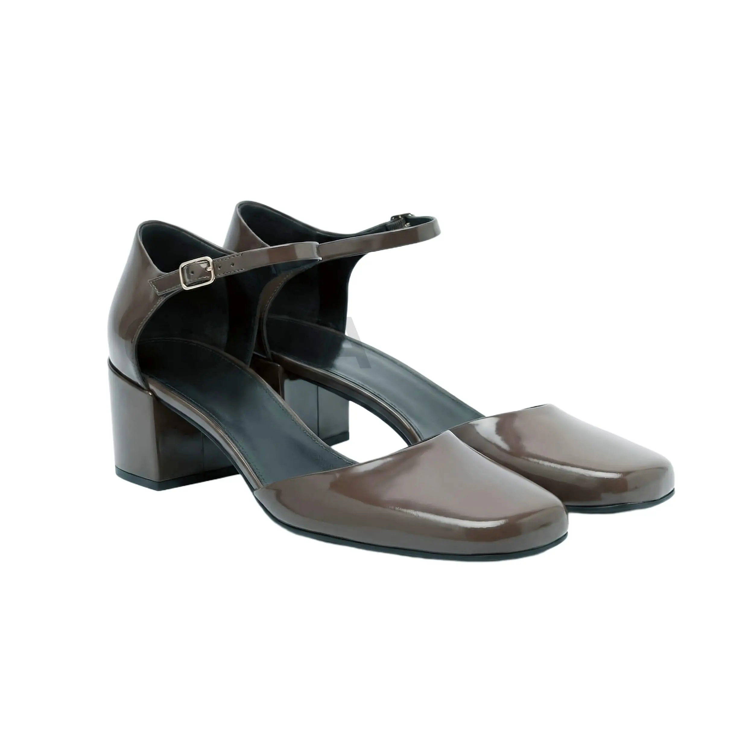 Women's Leather Square-Toe High Heel Pumps with Buckle Strap