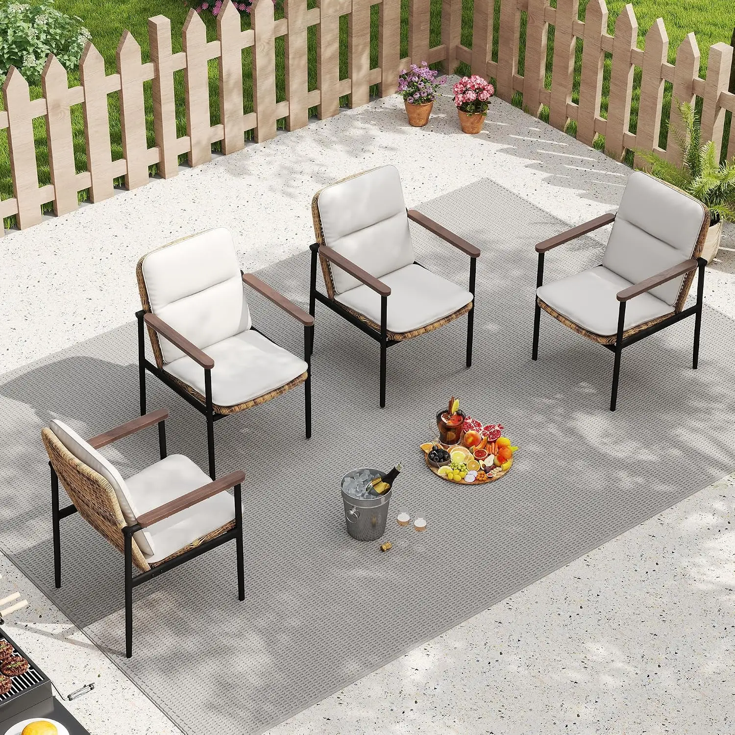 Aluminum Patio Dining Chairs 4pcs, All-Weather Wicker with Wooden Armrests & Cushions, Garden Backyard Seating, Customized
