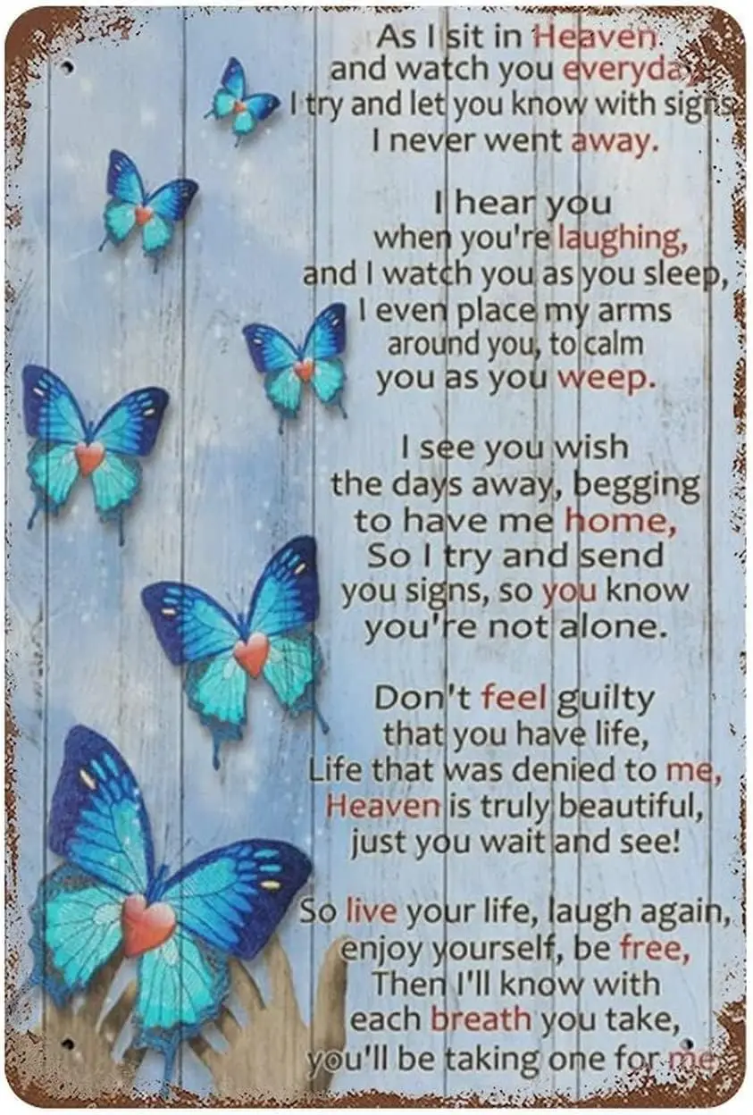 Starotore Butterfly Metal Tin Sign Vintage As I Sit In Heaven Retro Poster Grief Mourning Loss Of A Loved One Memorial Tree Reme