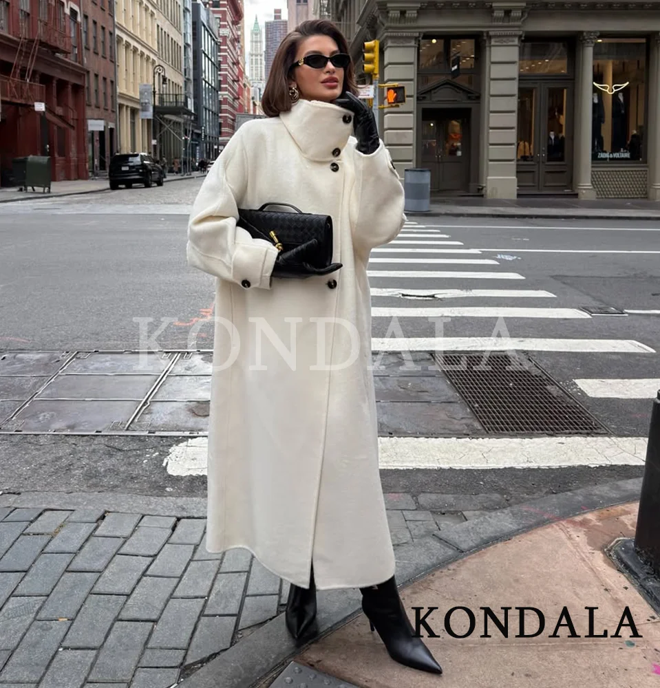 KONDALA Modny płaszcz tweedowy z wysokim kołnierzem, długi płaszcz damski, odzież wierzchnia w stylu high street, płaszcz zapinany na guziki, elegancki i szykowny płaszcz na jesień i zimę 2026.