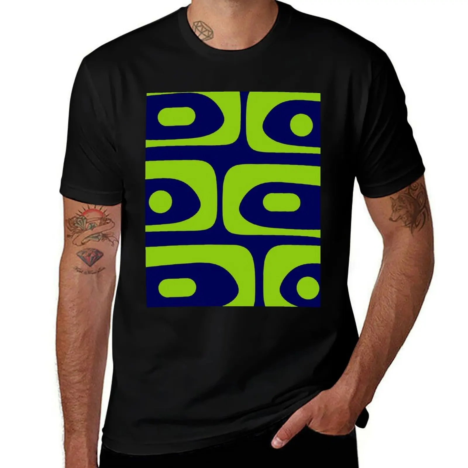 

Mid Century Modern Piquet Abstract Pattern in Bright Navy Blue and Lime Green T-Shirt Anti-Wrinkle Short Sleeve T-Shirt