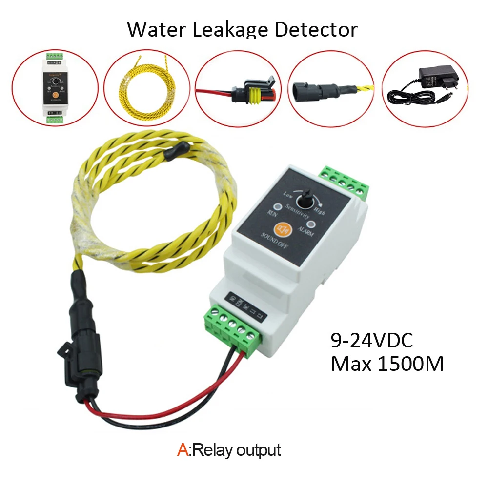 1Set 9-24Vdc Water Leakage Detector With 5/10/15/20/30/50M Cable Relay NC/NO Output Warehouse Base Station Water Leaking Sensor