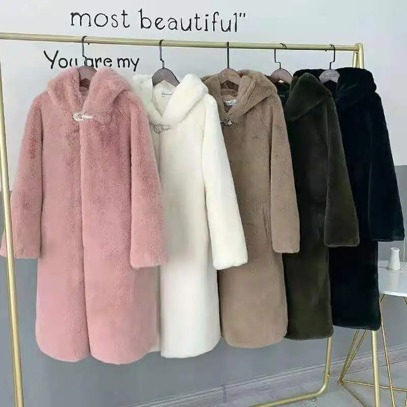 Spring Style Imitation Rex Rabbit Fur Mink Velvet Fur Coat Autumn and Winter Women's Mid-length Thickened Warm Hooded Coat