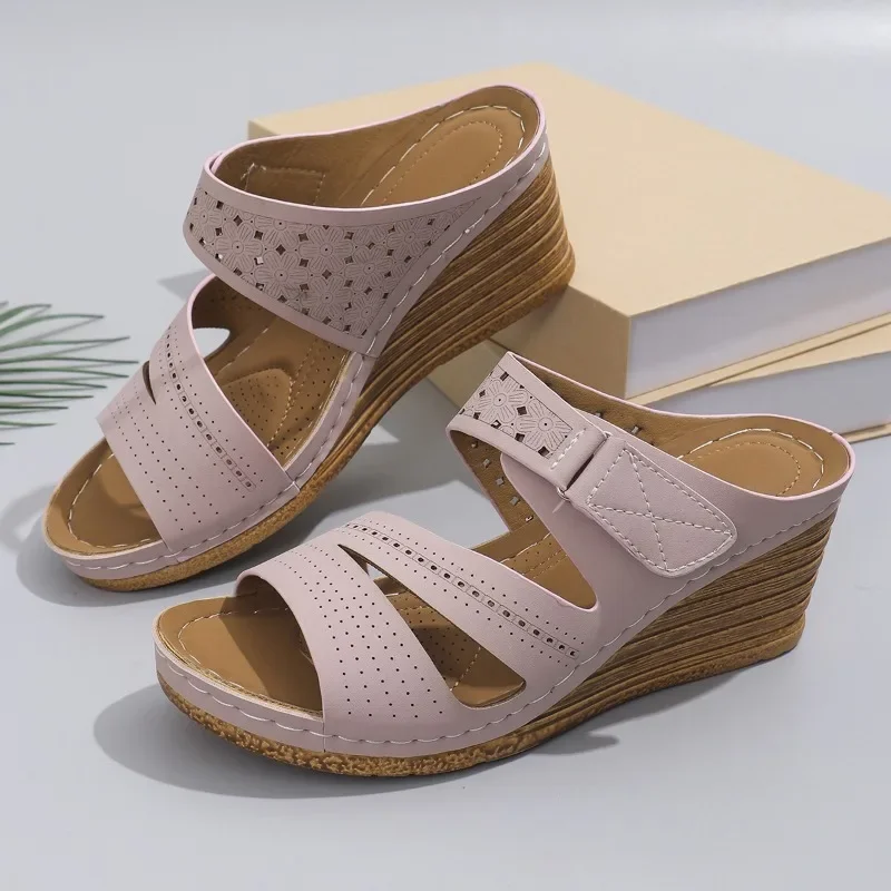 Sandals for Women Summer Metal Buckle Sandals Fashion Peep Toe Wedge Casual Thick Bottom Light Comfort Beach Slides 2024