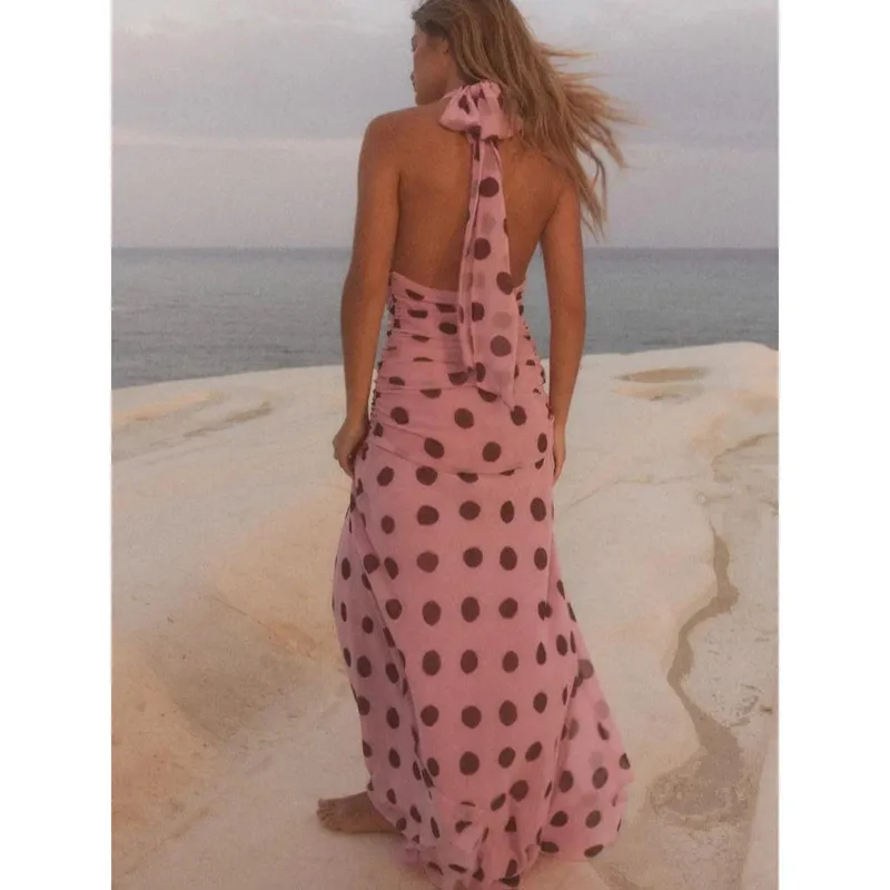 Polka Dot Elegant Lady Slim Dress Halter Lace-up Chic Maxi Dress Sleeveless Backless Sexy Evening Dress Summer Beach Gown Women