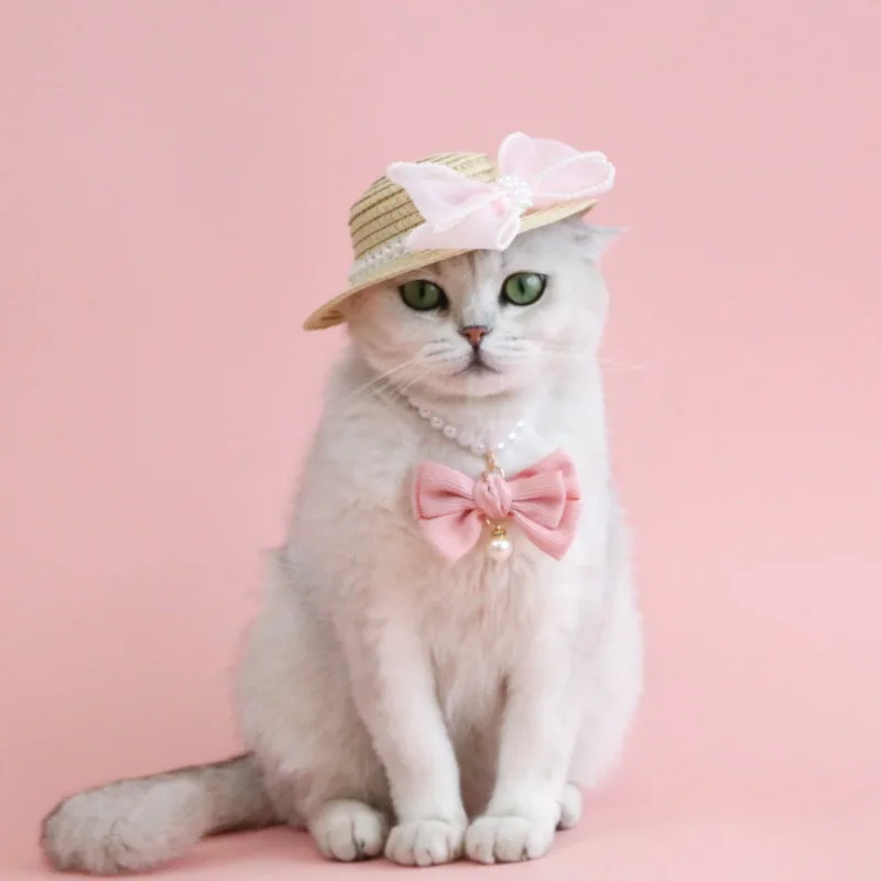 Elegant Pet Woven Straw Hat for Cat Sun Hat Lace Ribbon Bowknot Straw Hat for Small Dog and Cats Beach Party Costume Accessories