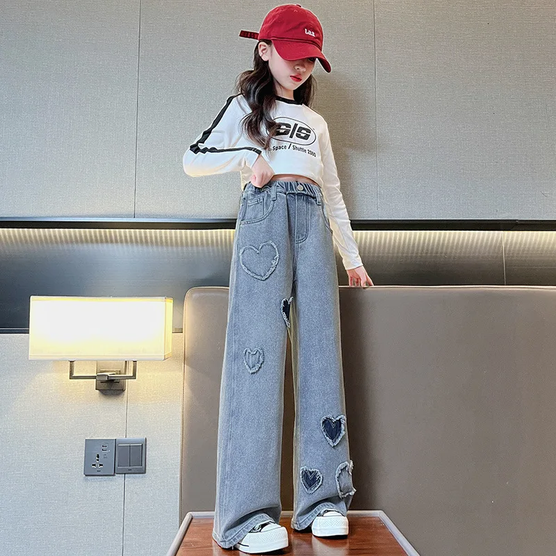 Jeans For Girls Heart Pattern Jeans Kids Girl Spring Autumn Kid Jeans Casual Style Clothes For Girls 6 8 10 12 14Years