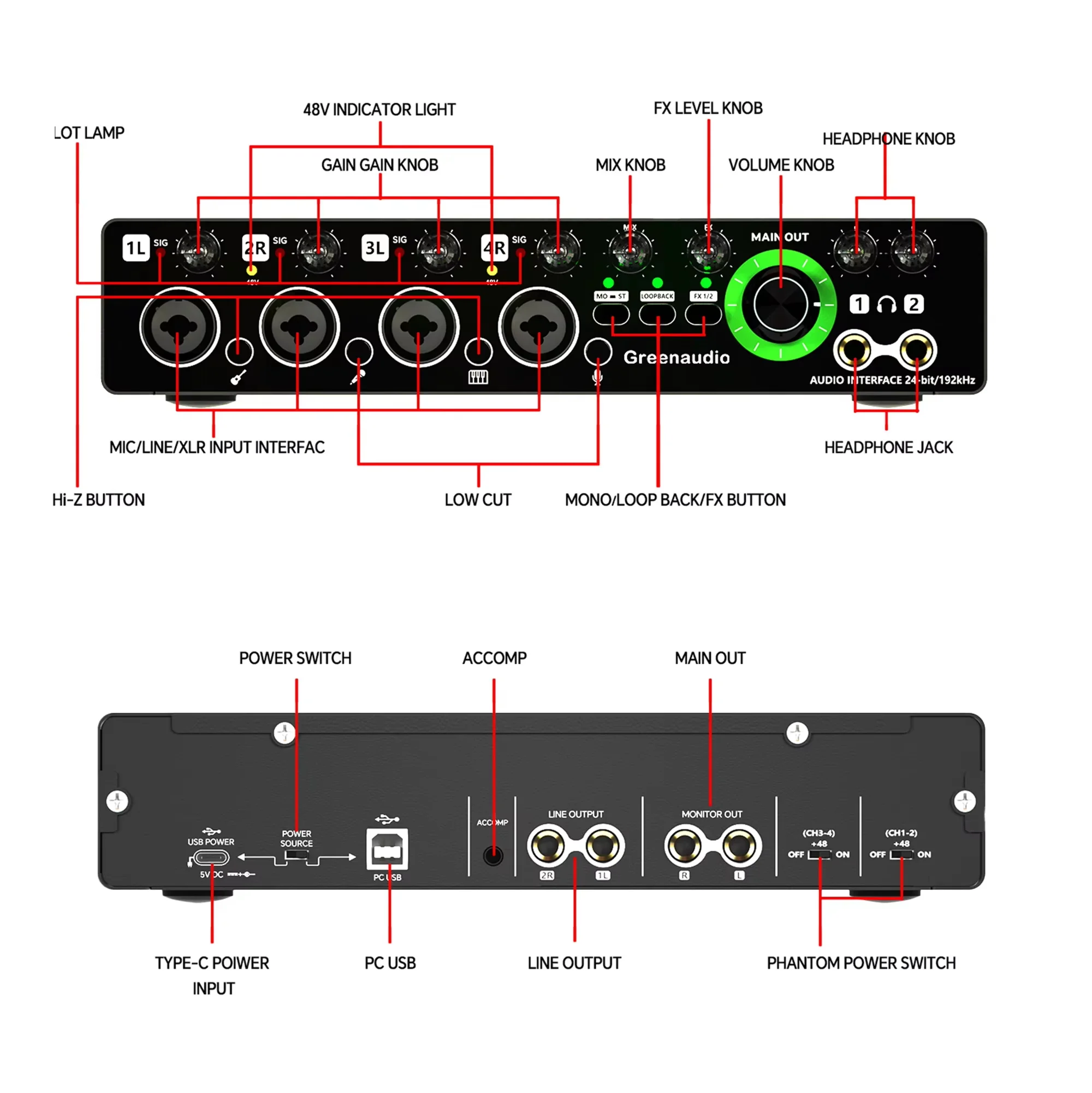 GAX-MD44 4채널 오디오 인터페이스 전문 녹음 마이크 사운드 카드 밴드 더빙 라이브 스트리밍 장비