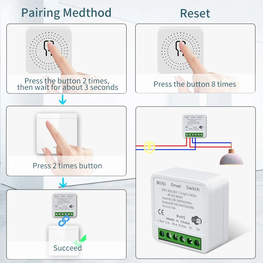 Wireless 433MHz Tuya Smart Switch 16a Mini-Relais-Empfänger 1/2/3-Gang-Wandpanel-Schalter Sprach steuerung funktioniert mit Alexa Google Home