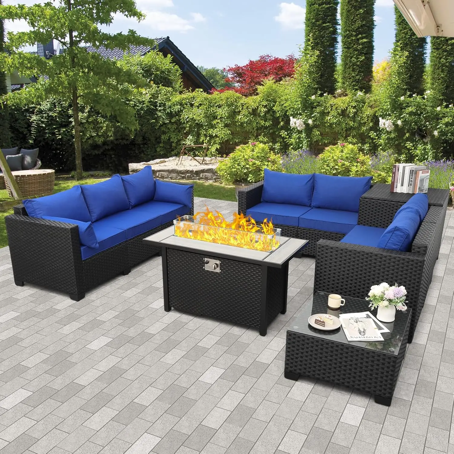 Outdoor Furniture Sets Fire Table 6 PCS Patio Furniture Set 45 Inches Gas Fire Pit Table with Outdoor Storage Box Glass Table