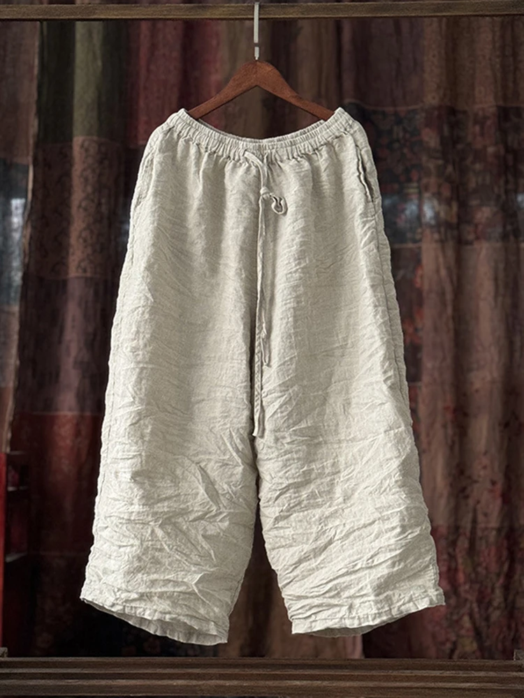 High Quality Cotton Linen Casual Pants Women New 2025 Spring Vintage Style Solid Color Female Ankle-length Harem Pants M494
