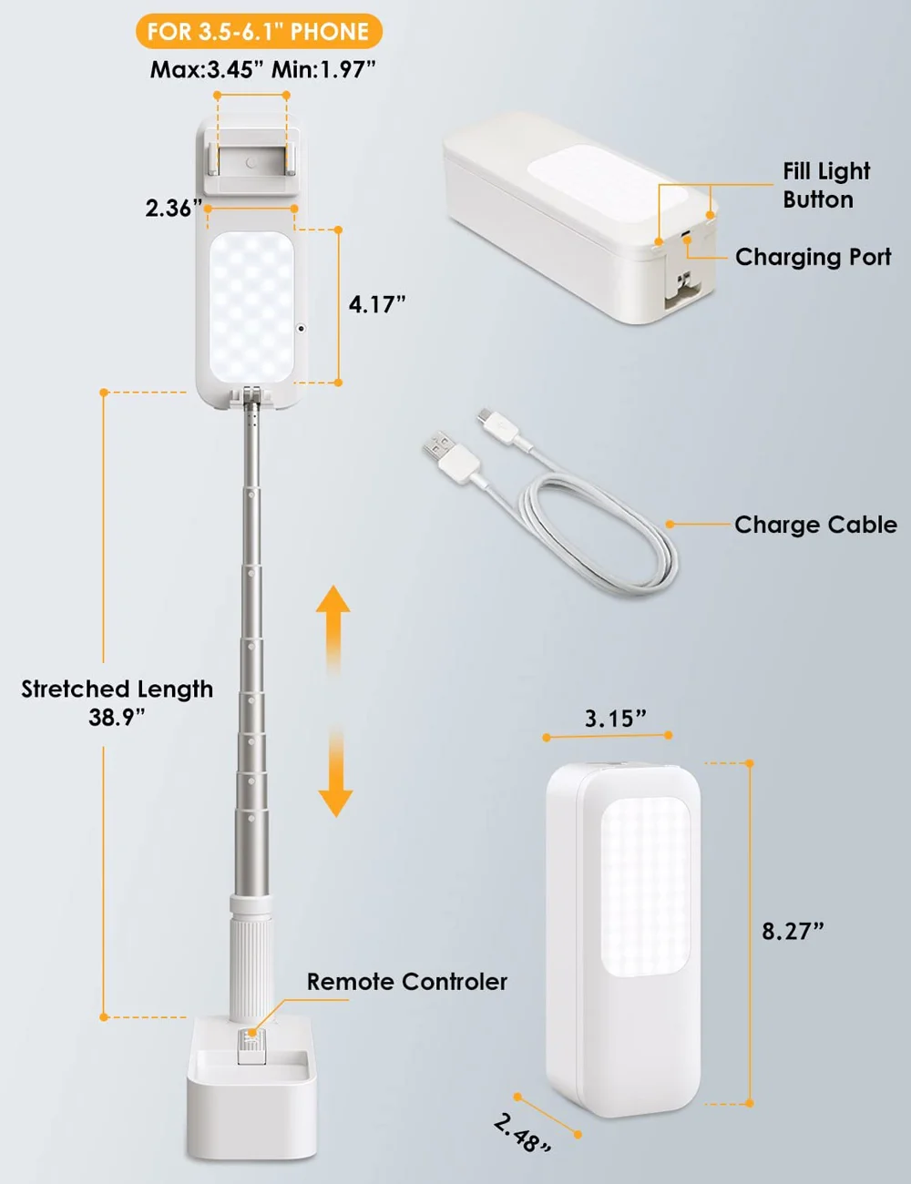 Soporte de teléfono portátil para teléfono inteligente, soporte retráctil inalámbrico para transmisión en vivo, luz de relleno LED regulable para