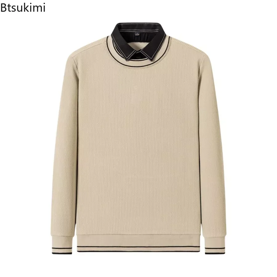 

2024 Men's Winter Long Sleeve Sweatshirt Knited Pullovers Fashion The Trend Slim False Two-piece Bottoming Shirts Men's Clothing