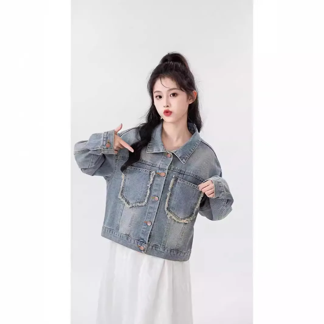 데님 코트 여성 빈티지 재킷 탑 스트릿웨어 싱글 버튼 턴다운 칼라 포켓 워싱 디스트레스드 아우터웨어 가을 2025