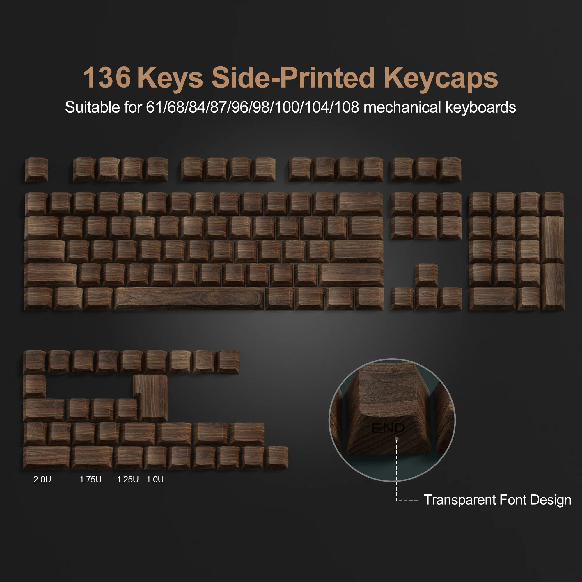 WOMIER Side-printed Keycaps 136 Keys Walnut Texture Double Shot Cherry Profile Key Caps for 60% 65% 70% 100% Mechanical Keyboard