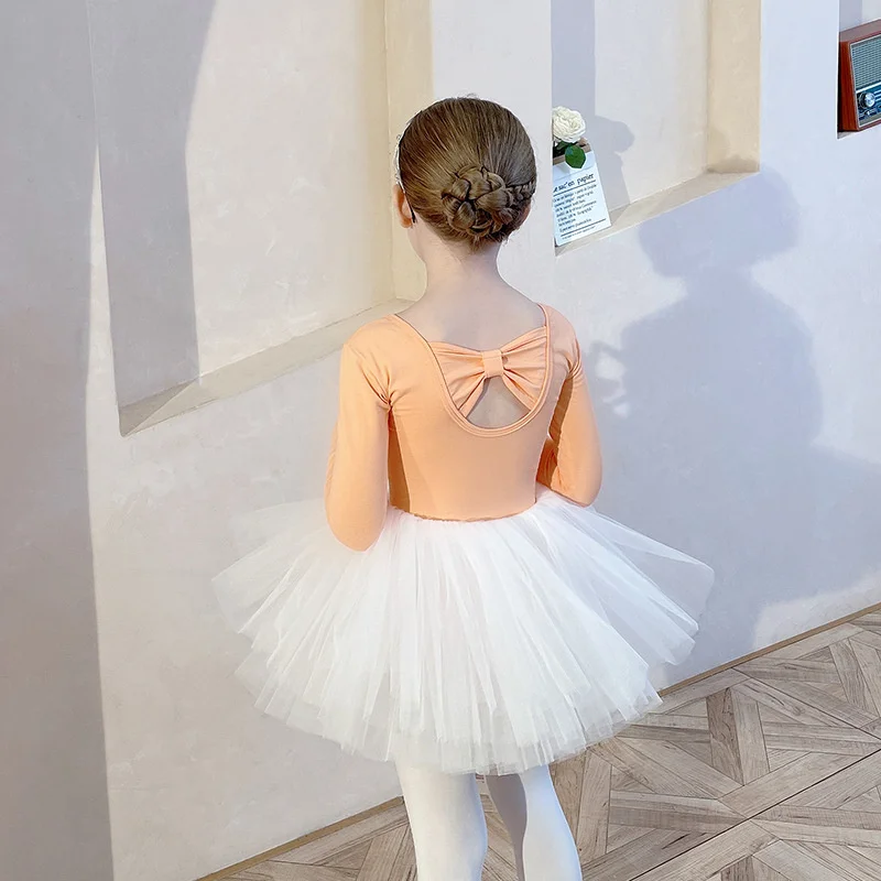 Orange Leotard White Gauze Skirt Girls Dance Clothes Kids Training Dress Children's Ballet Wear Stage Performance Costumes Solid