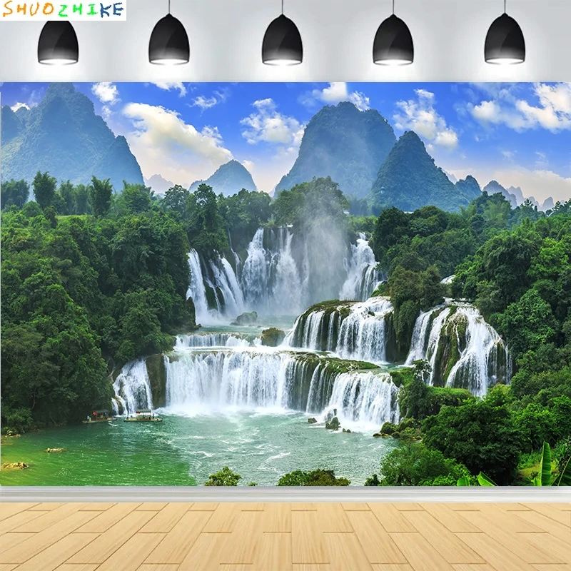 

Fresh Blue Natural Waterfall Beauty Lake Photography Backdrops Grass Landscape River Beach Park Cove Photo Background PB-00