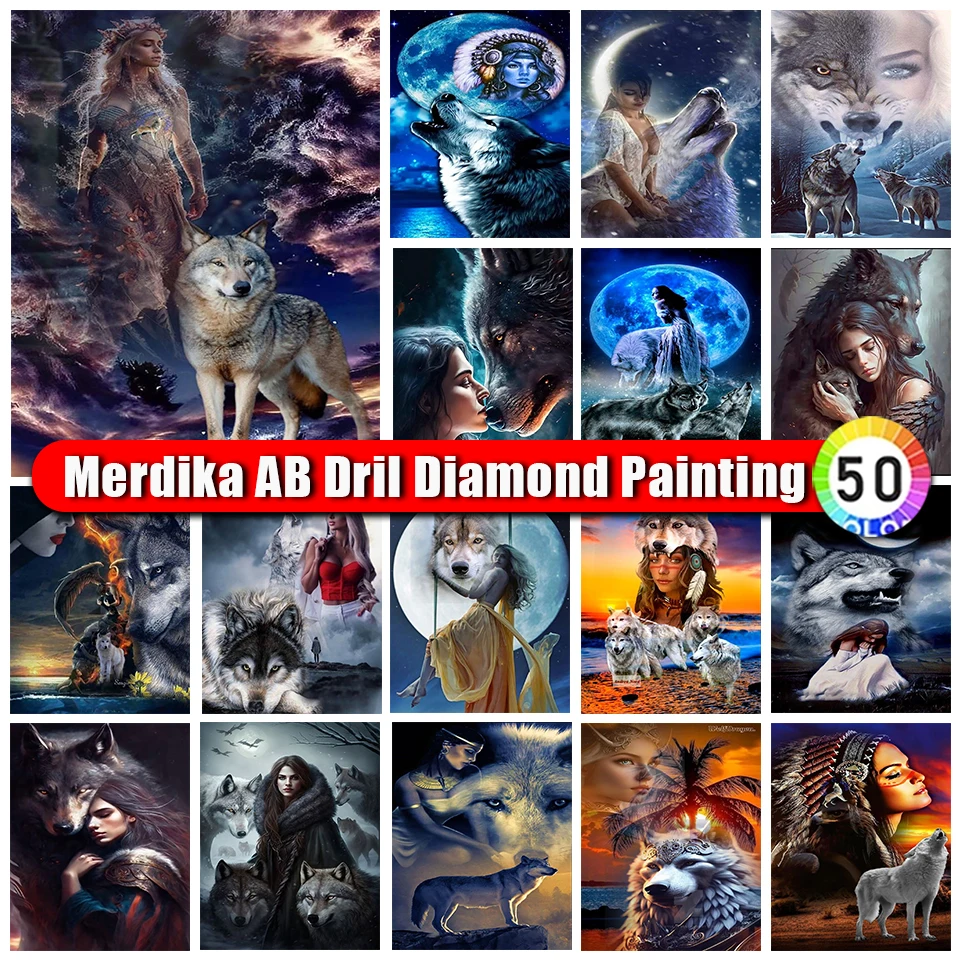 

Merdika AB Diamond Embroidery Wolf Mosaic 5D Cross Stitch Full Drill Portrait 5d Diamond Painting Girl and Animal DIY Decor