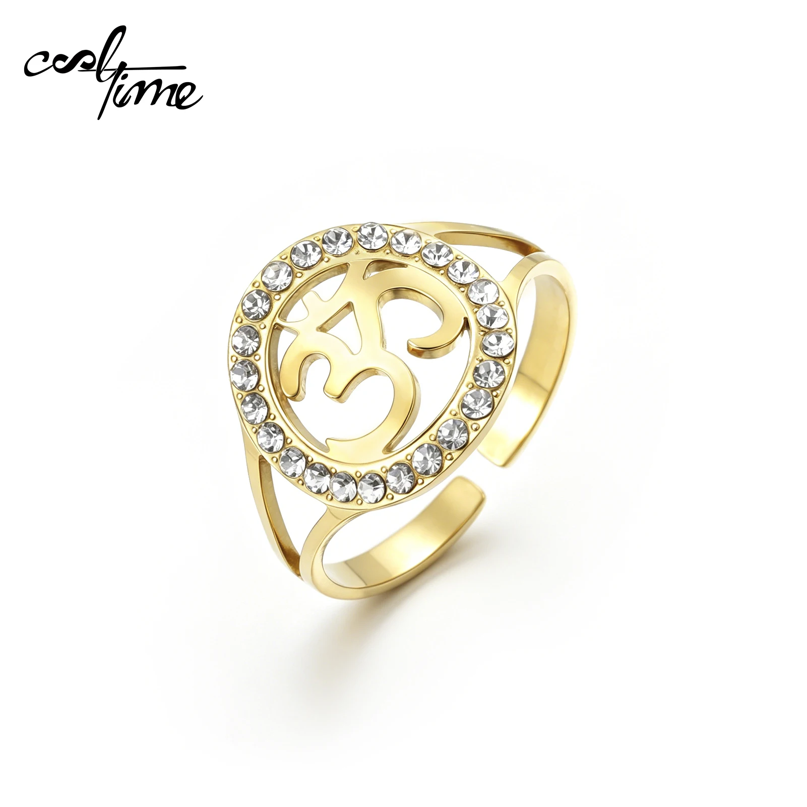 CoolTime Om Symbol Women Ring Adjustable Spiritual Jewelry Zircon Yoga Cuff Ring Stainless Steel Finger Ring Religious Amulet