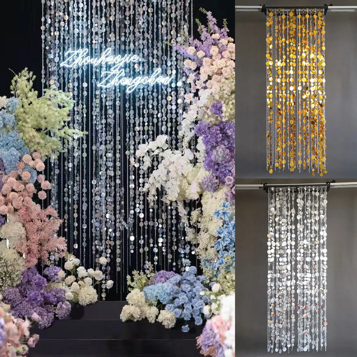 

New Acrylic Beaded Curtain with Silver Sequins - Wedding Hotel Banquet Hall Backdrop Stage Decoration