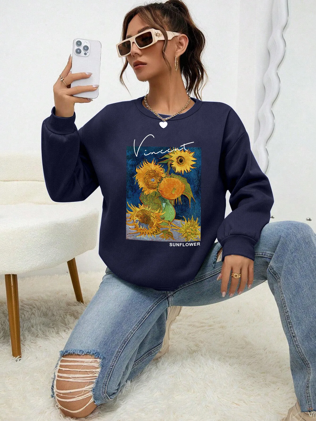 Van Gogh Sunflower Print Womens Hoodies Autumn New Sweatshirt Creative Comfortable Hoody Street Soft Fleece Female Sportswears