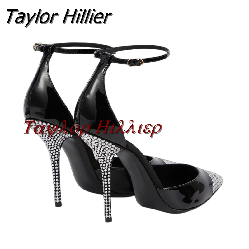 Spring Hot Sale Rhinestone Pumps Pointed Thin Heel Buckle Watch Strap Slim Sandals Black Top Quality Party Dress Women'S Shoes