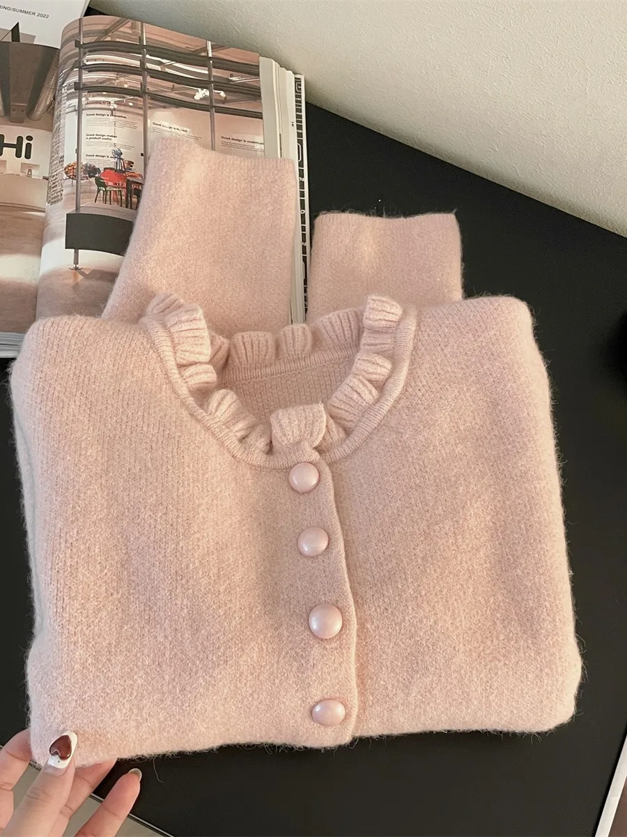 Kardigan Rajut Prancis Baru Wanita Musim Semi Gugur Gaya Lembut Desain Pinggiran Jamur Kerah Bulat Sweater Kancing Tunggal