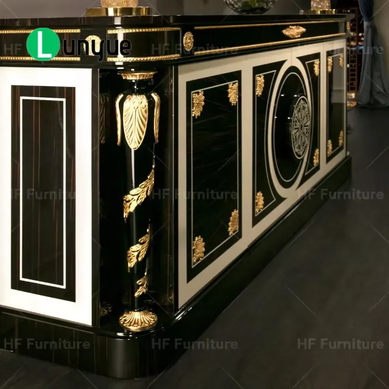 French Antique Style Sideboard Black and Gold Dinner Cabinet with Mirror High Quality Storage Furniture for Dining Room