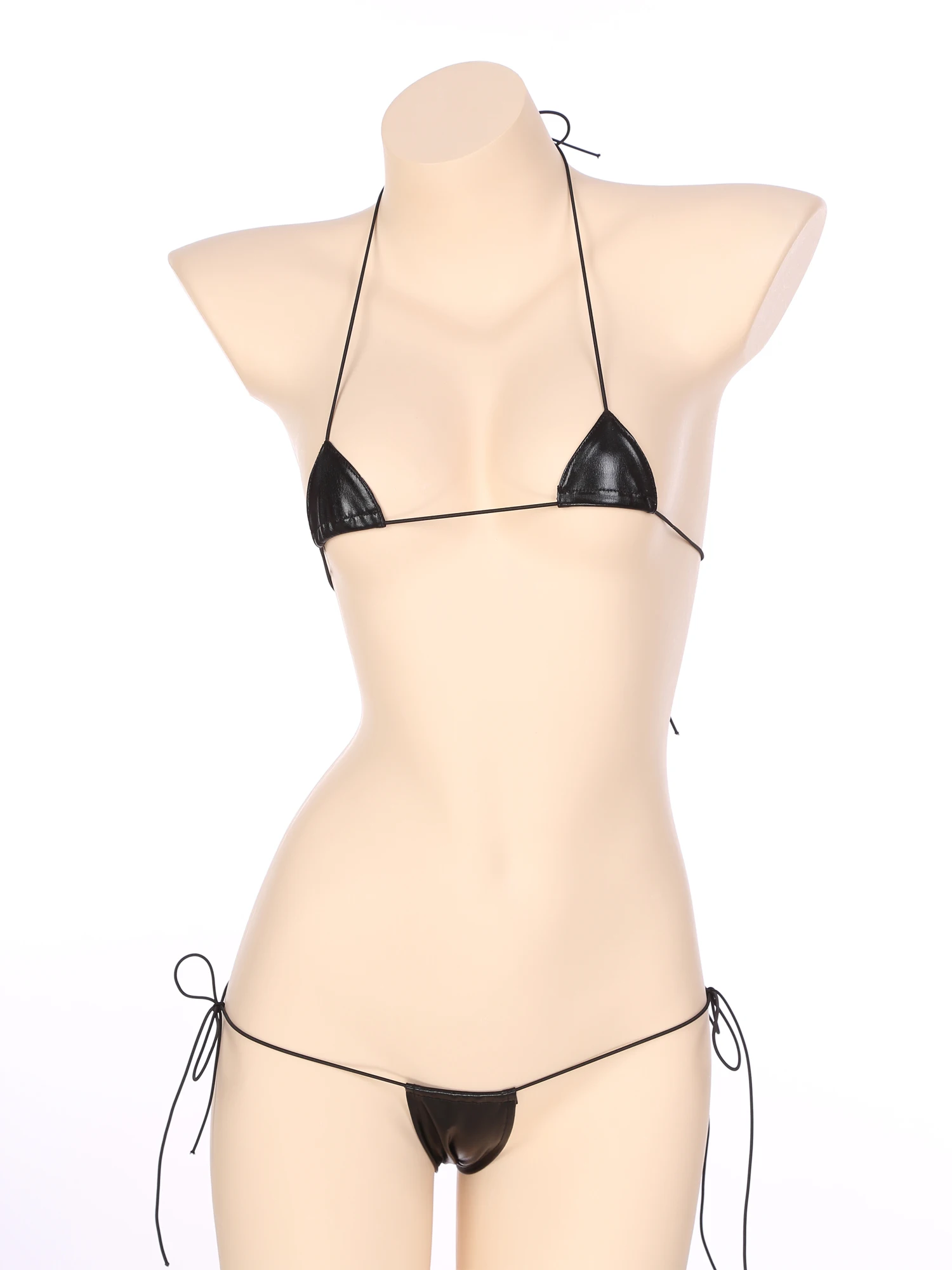 Ensemble de bikini en cuir verni pour femme, soutien-gorge à lacets, dos nu imbibé, string taille basse, lingerie 2 pièces