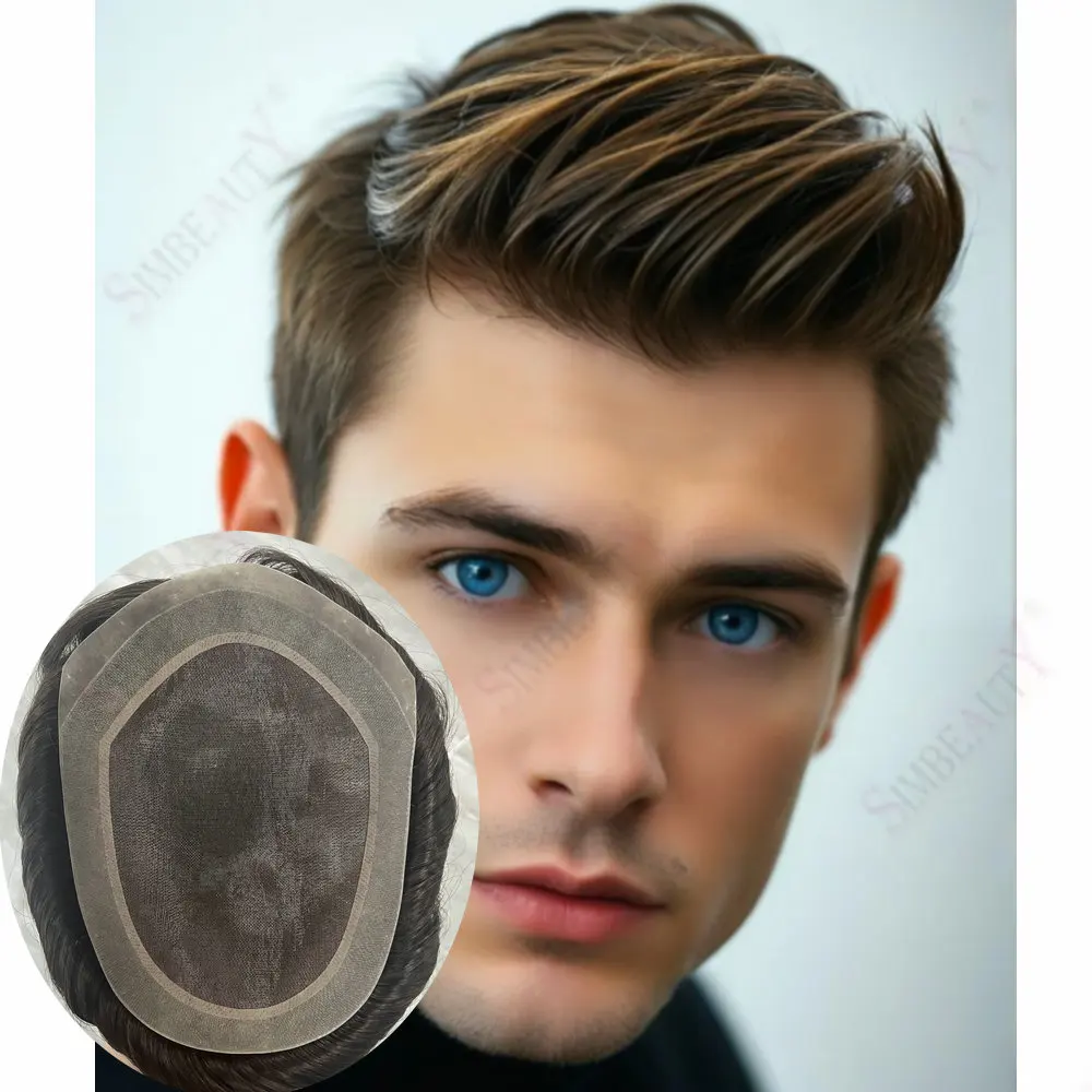 

Дышащая прочная моно кружевная основа из искусственной кожи, темно-коричневый, черный парик из человеческих волос для лысиych мужчин, замена, незаметный капиллярный протез